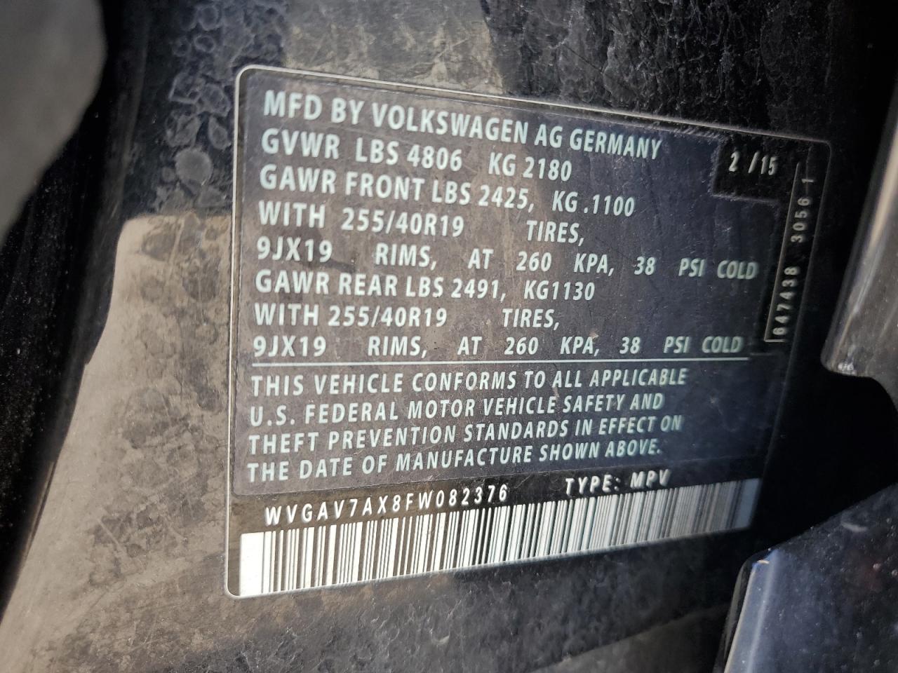 WVGAV7AX8FW082376 2015 Volkswagen Tiguan S