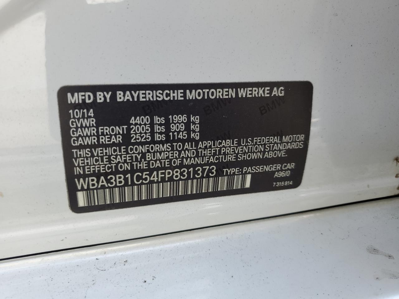 2015 BMW 320 I VIN: WBA3B1C54FP831373 Lot: 74789584