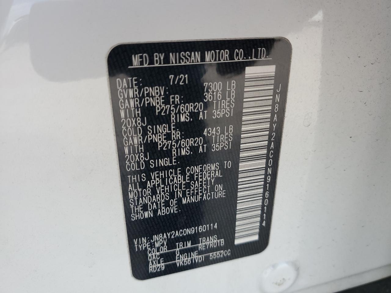 2022 Nissan Armada S VIN: JN8AY2AC0N9160114 Lot: 76266474