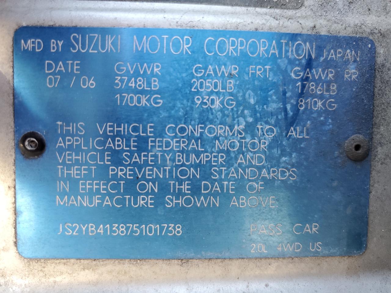 JS2YB413875101738 2007 Suzuki Sx4