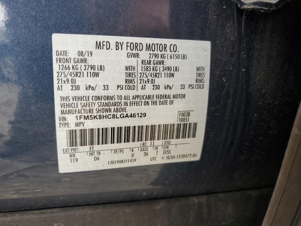 2020 Ford Explorer Platinum VIN: 1FM5K8HC8LGA46129 Lot: 73600824