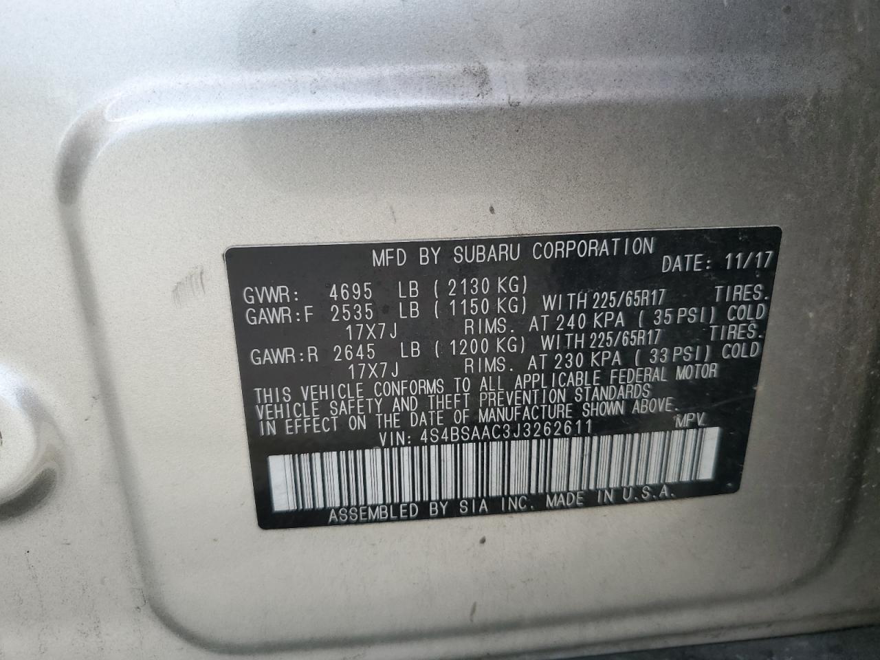 2018 Subaru Outback 2.5I VIN: 4S4BSAAC3J3262611 Lot: 74148884