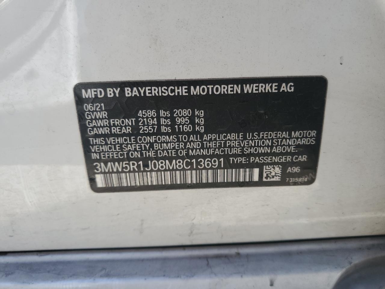 3MW5R1J08M8C13691 2021 BMW 330I