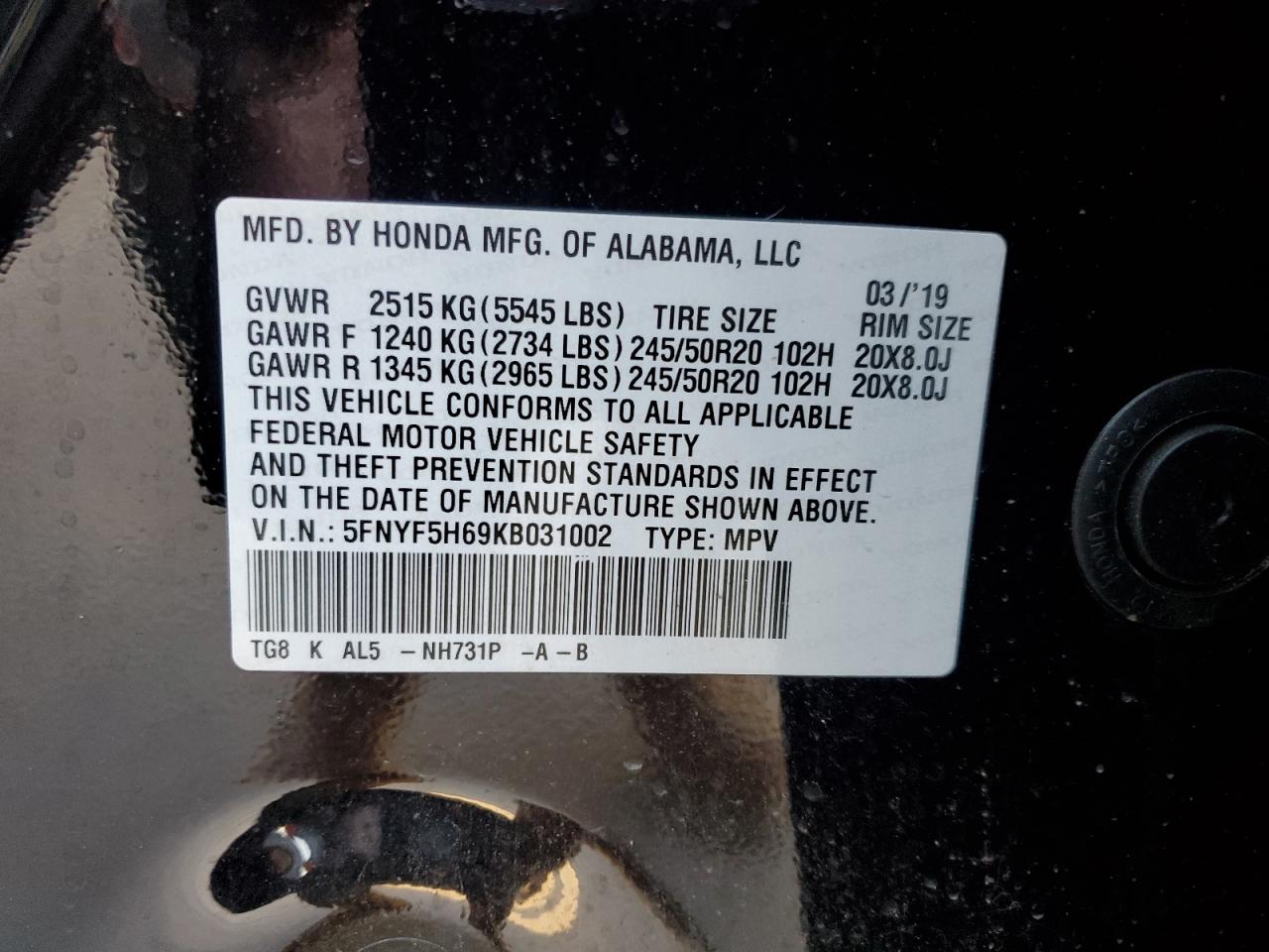 5FNYF5H69KB031002 2019 Honda Pilot Touring