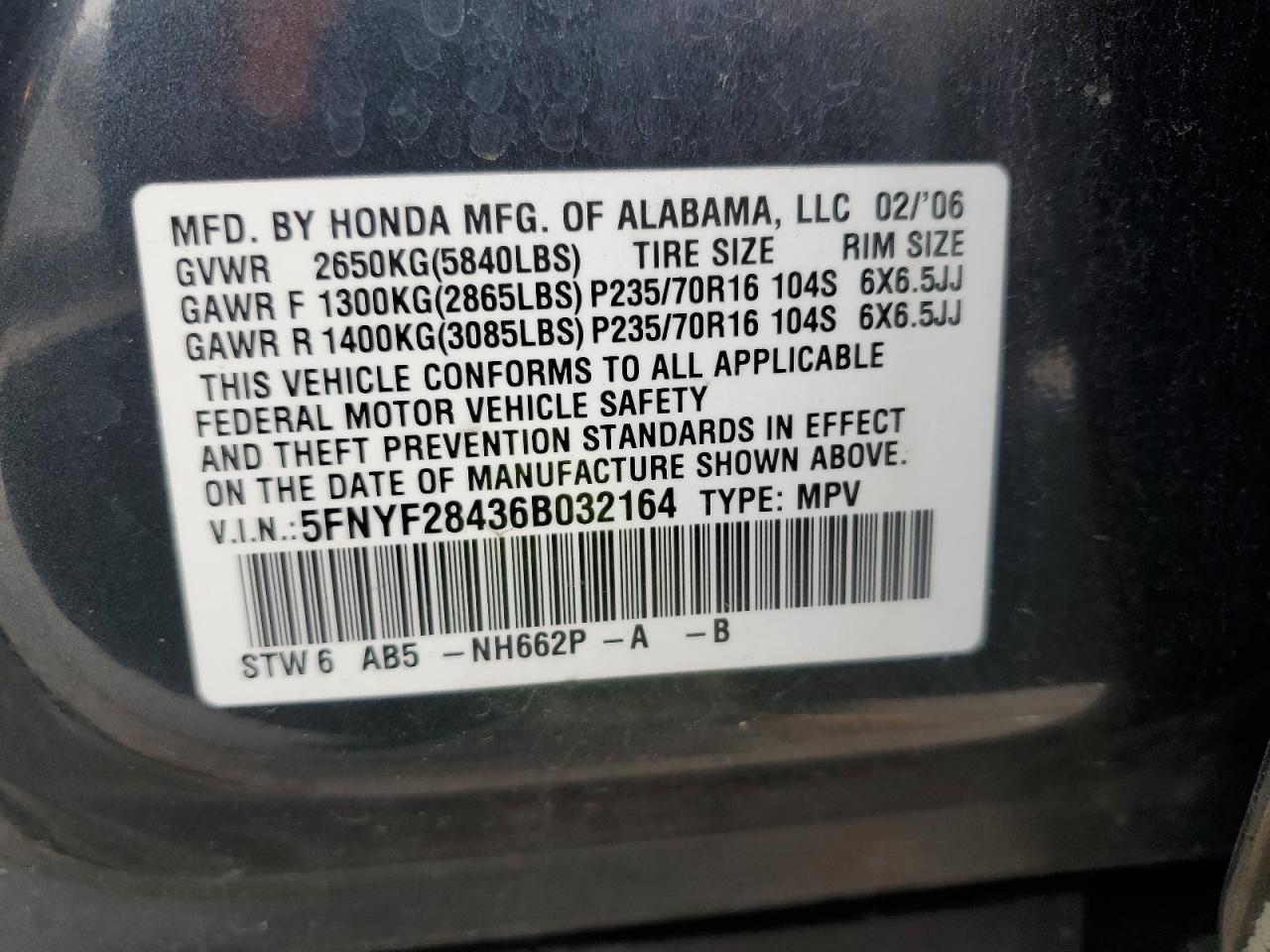 2006 Honda Pilot Ex VIN: 5FNYF28436B032164 Lot: 76424314