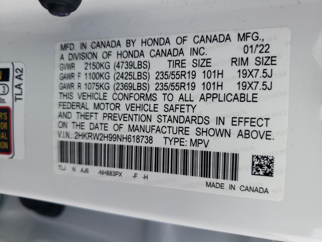 2022 Honda Cr-V Touring VIN: 2HKRW2H99NH618738 Lot: 73731214