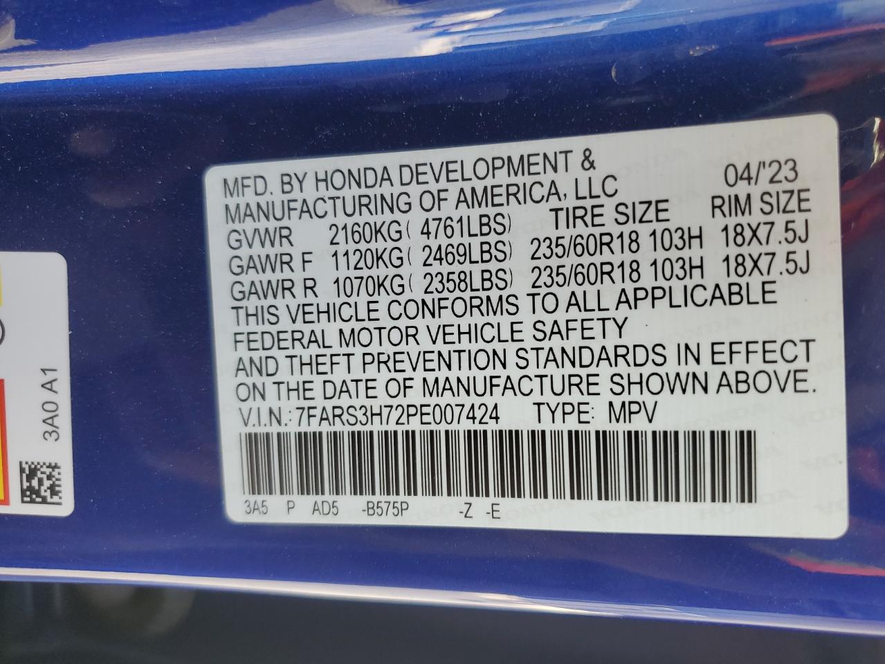 2023 Honda Cr-V Exl VIN: 7FARS3H72PE007424 Lot: 76545254