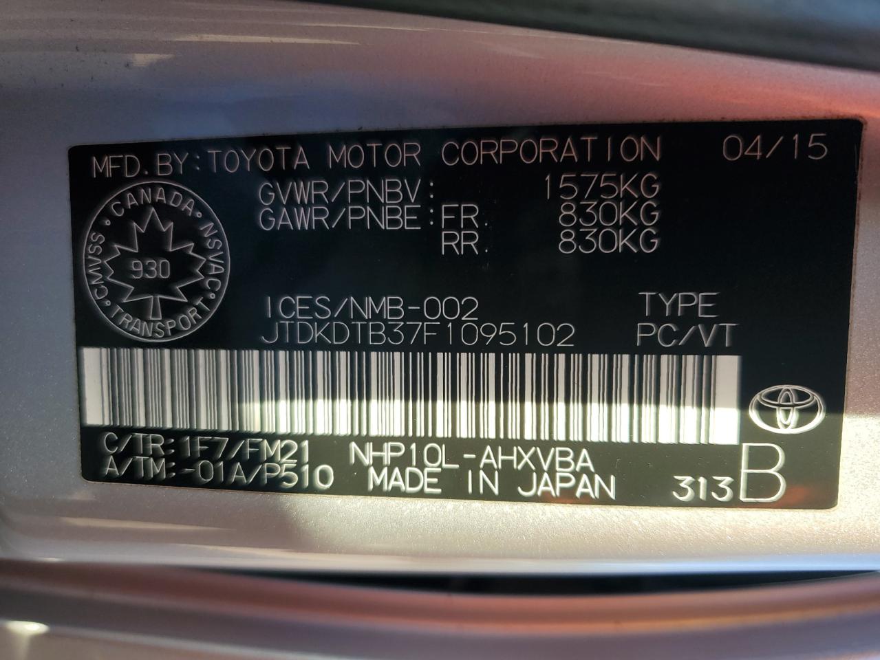 JTDKDTB37F1095102 2015 Toyota Prius C