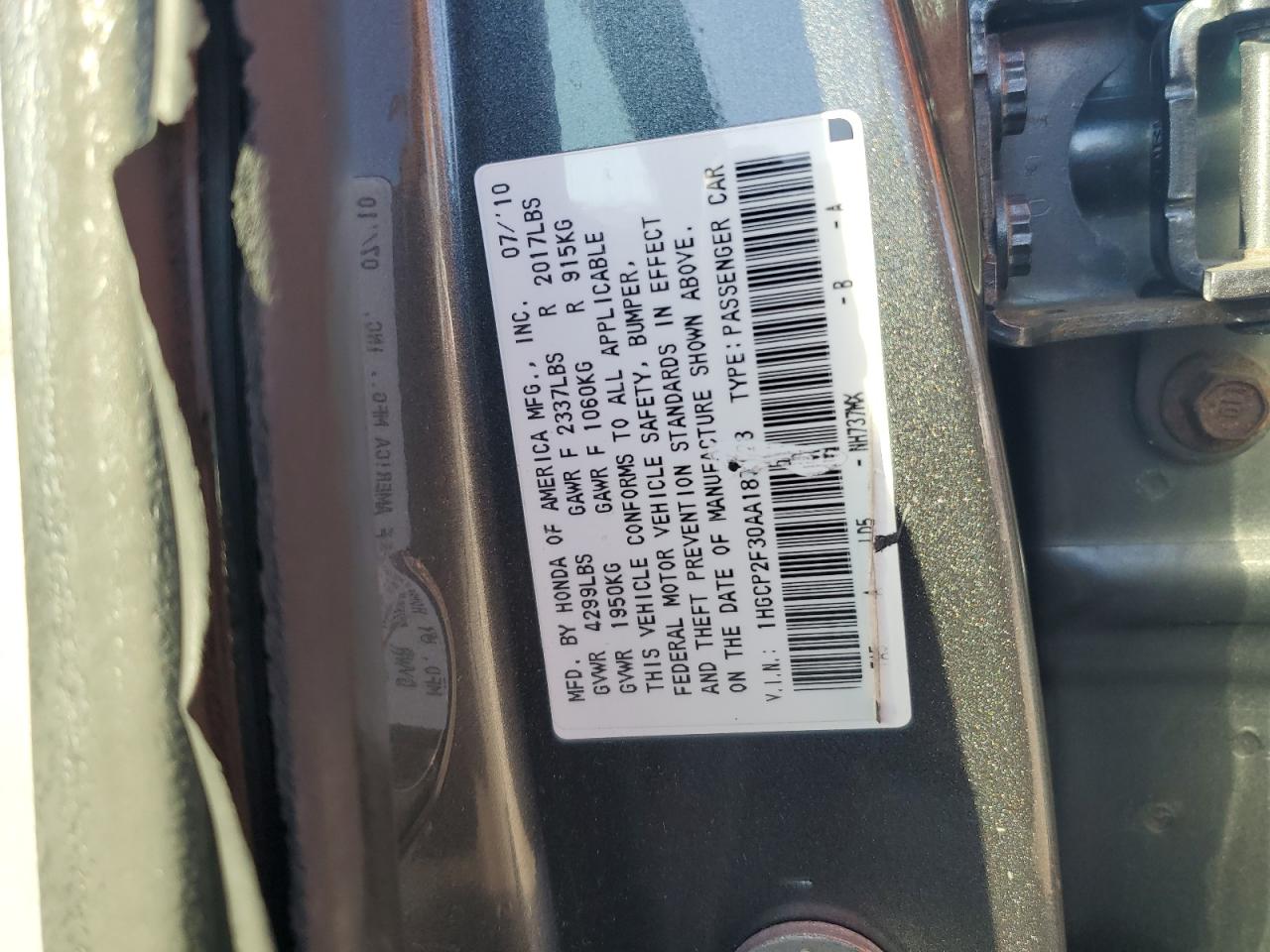 1HGCP2F30AA187128 2010 Honda Accord Lx