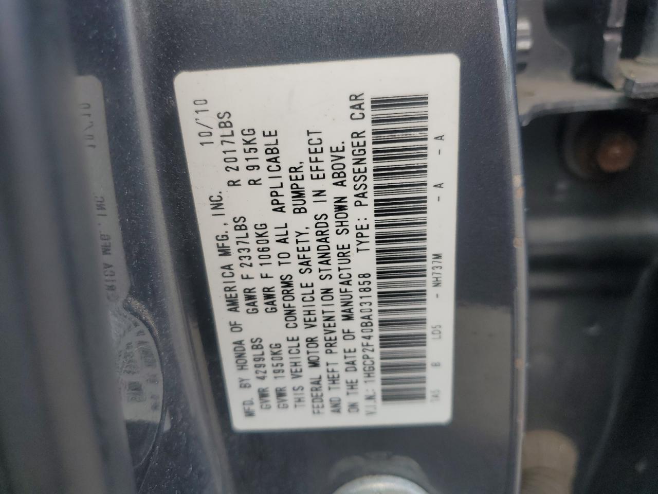 1HGCP2F40BA031858 2011 Honda Accord Lxp