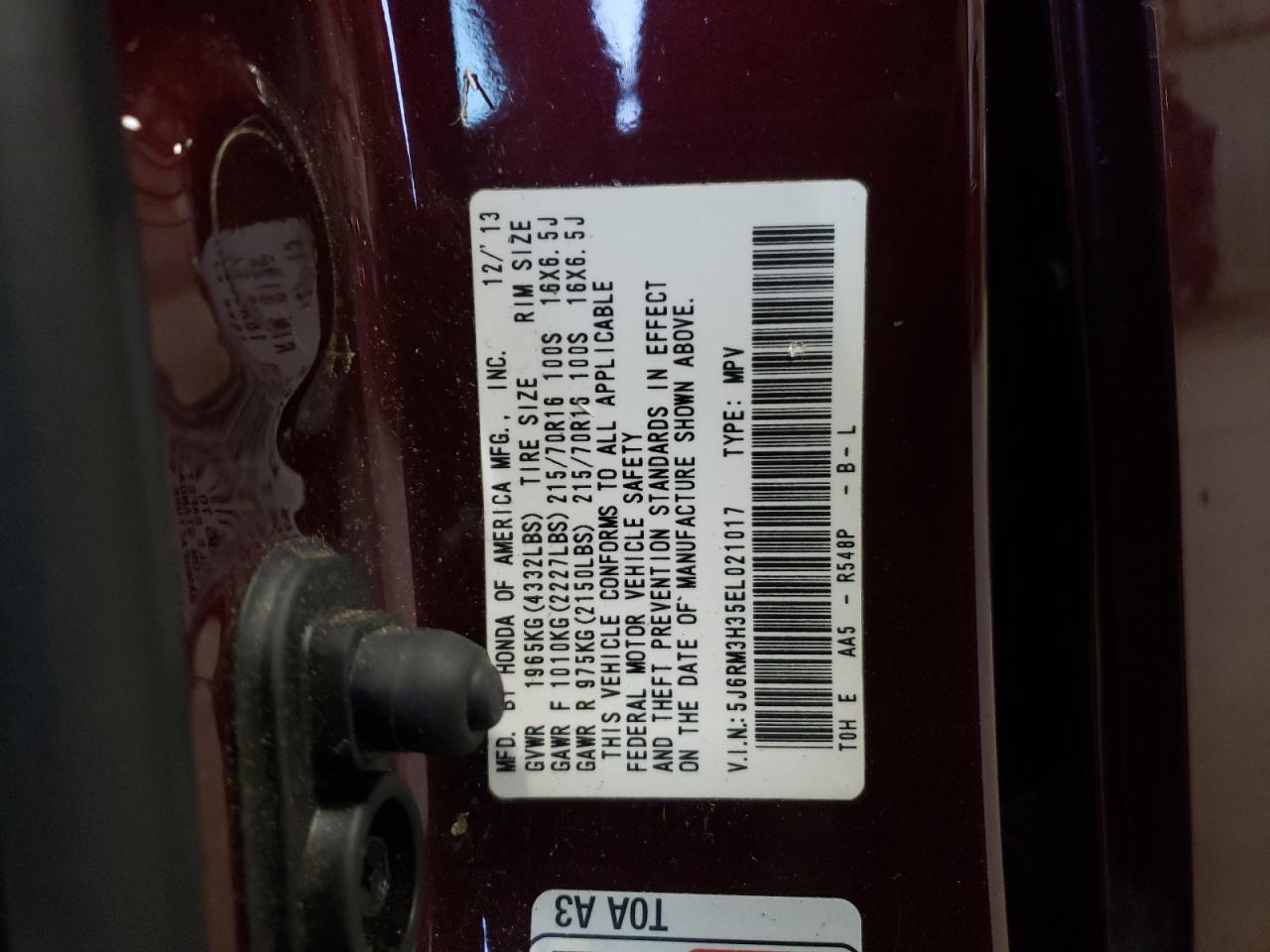 2014 Honda Cr-V Lx VIN: 5J6RM3H35EL021017 Lot: 76087984