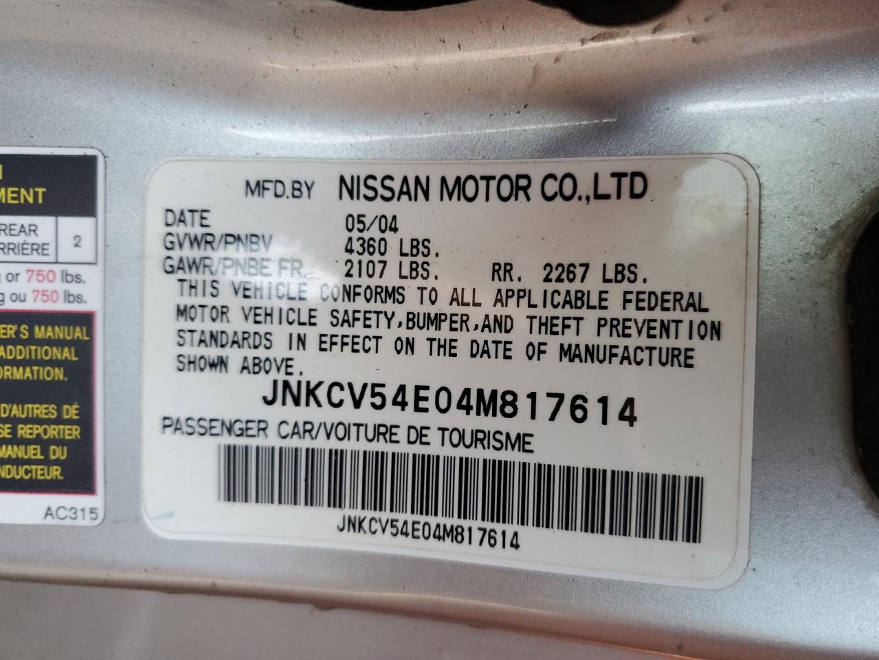 JNKCV54E04M817614 2004 Infiniti G35