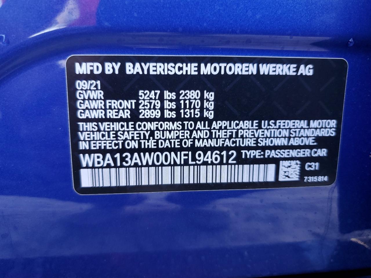 2022 BMW M440Xi Gran Coupe VIN: WBA13AW00NFL94612 Lot: 76690314