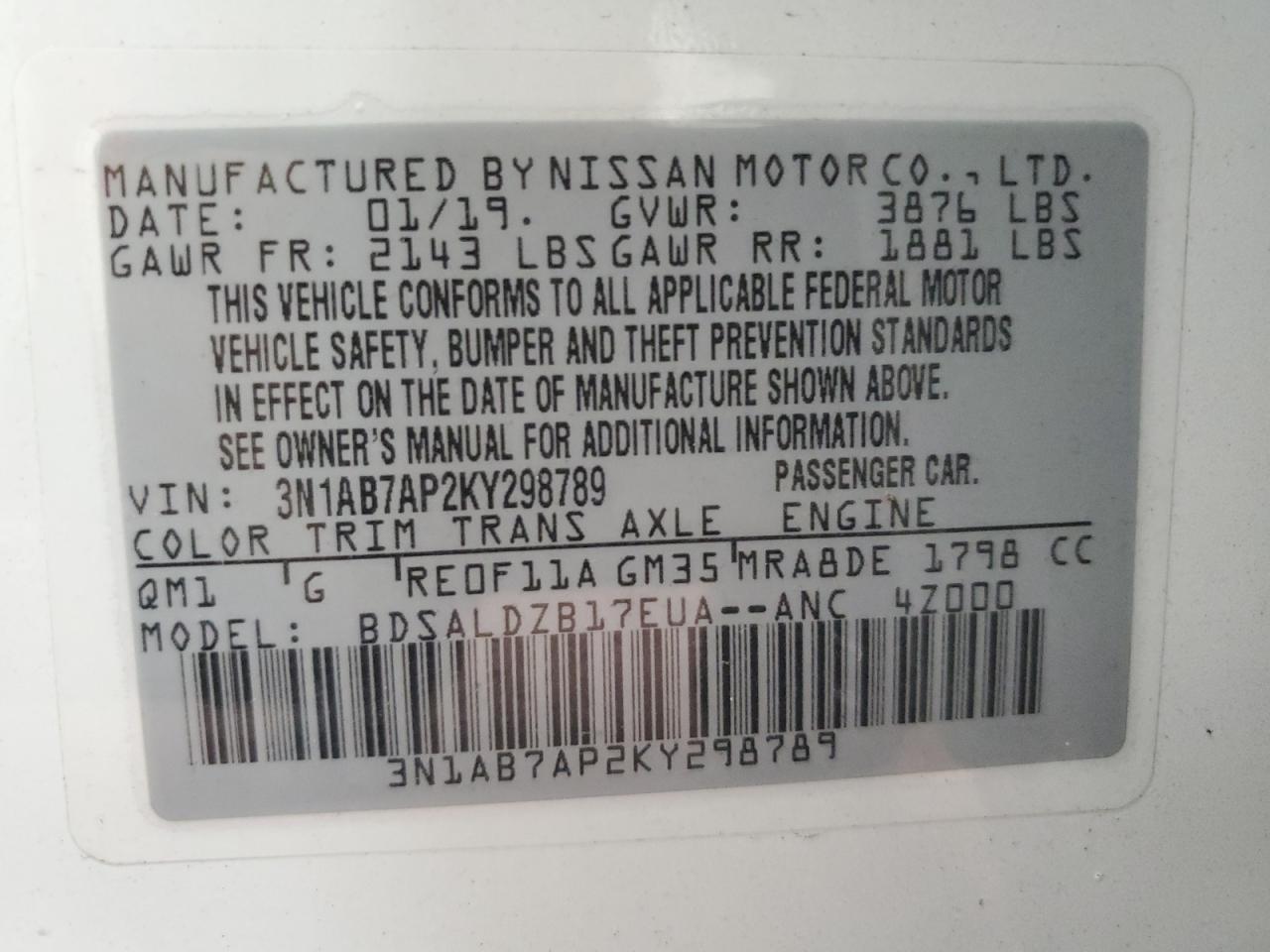 3N1AB7AP2KY298789 2019 Nissan Sentra S