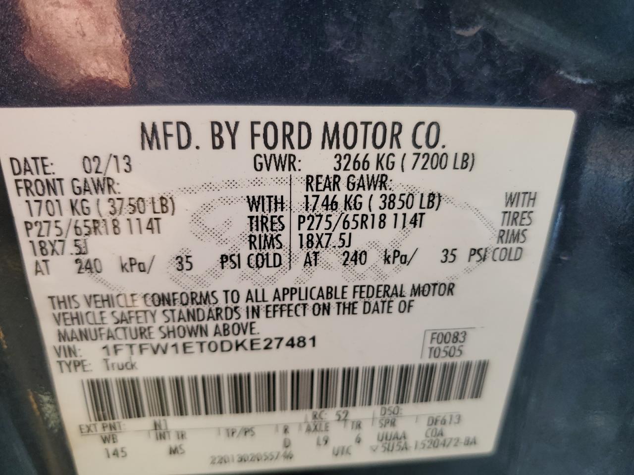 2013 Ford F150 Supercrew VIN: 1FTFW1ET0DKE27481 Lot: 74111364