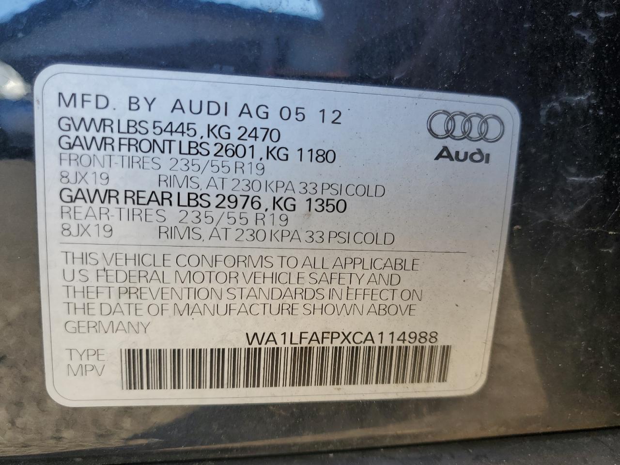 2012 Audi Q5 Premium Plus VIN: WA1LFAFPXCA114988 Lot: 77831164