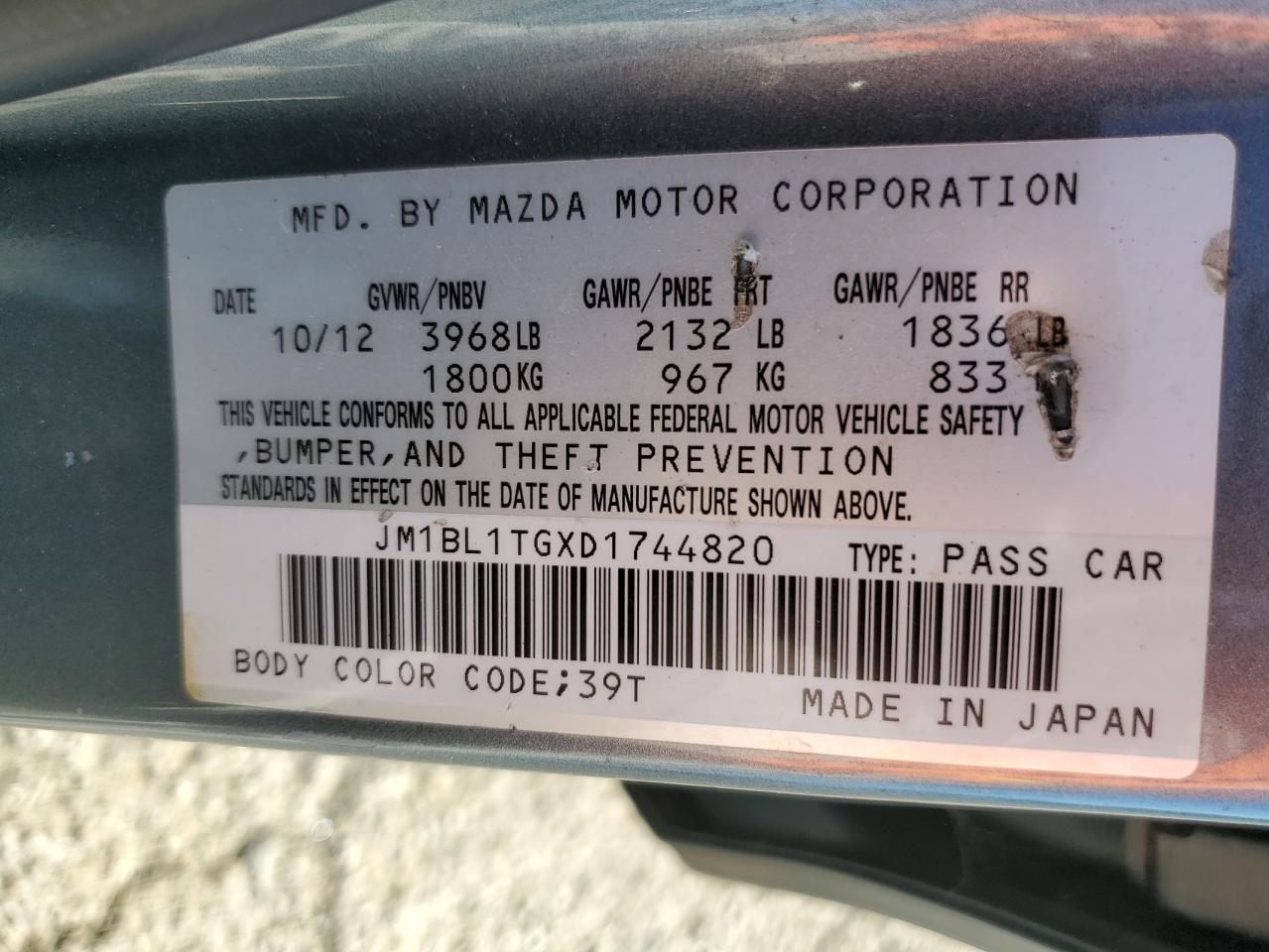 JM1BL1TGXD1744820 2013 Mazda 3 I