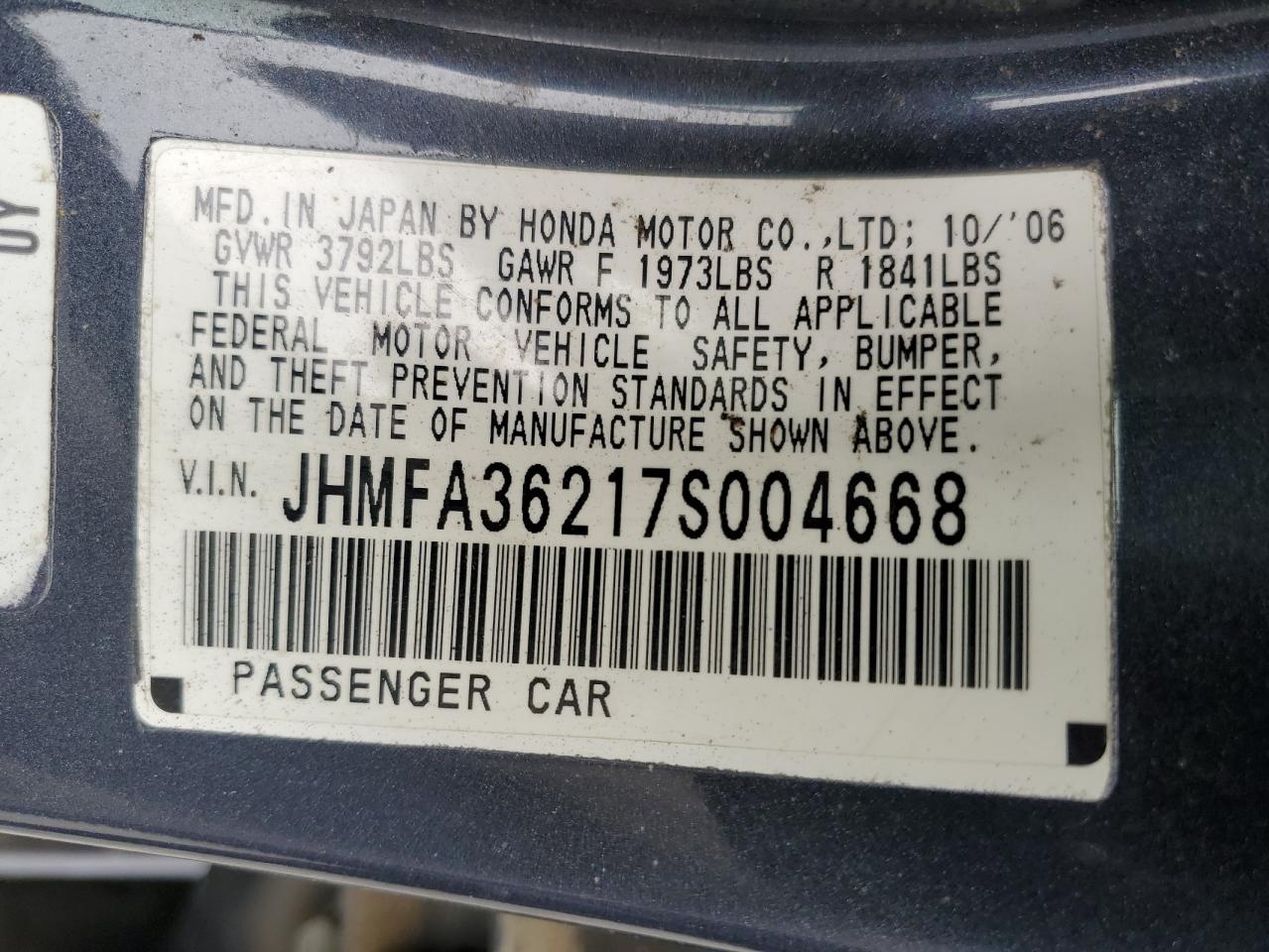 2007 Honda Civic Hybrid VIN: JHMFA36217S004668 Lot: 76708264