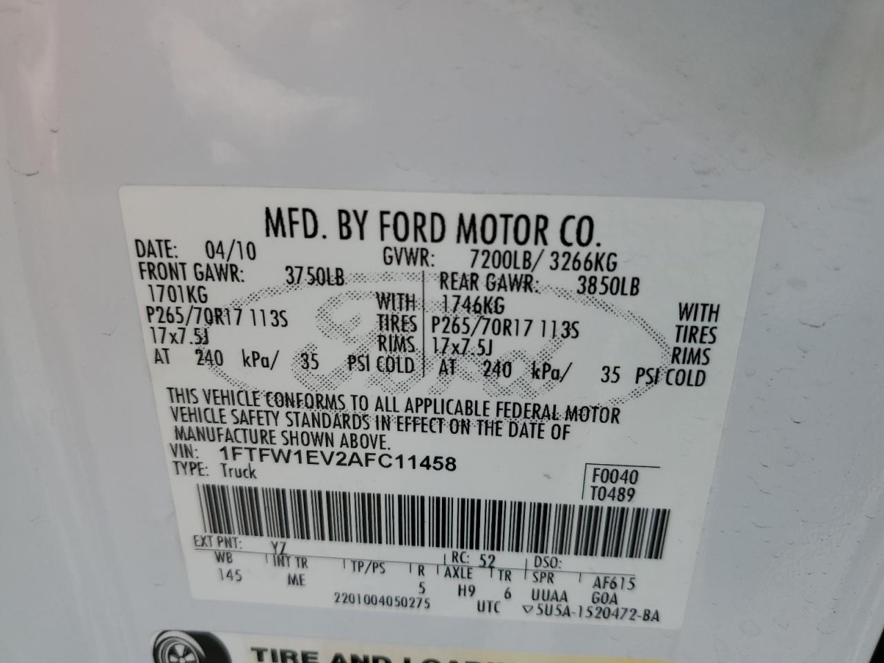 2010 Ford F150 Supercrew VIN: 1FTFW1EV2AFC11458 Lot: 76039204