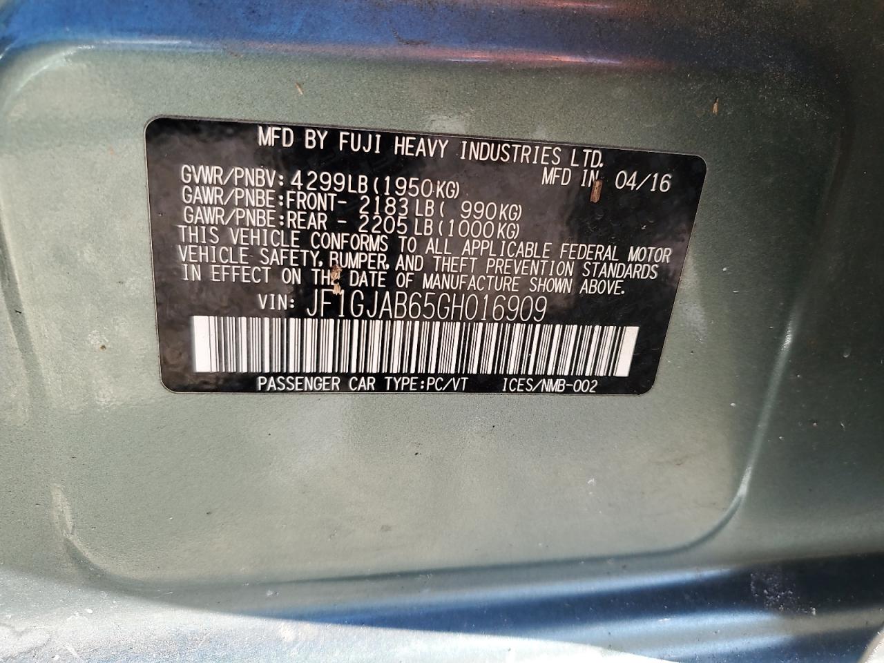 JF1GJAB65GH016909 2016 Subaru Impreza Premium