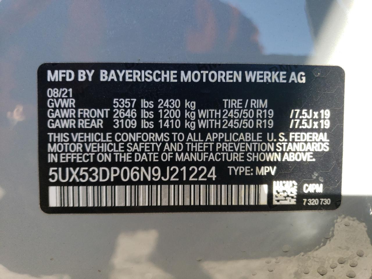 2022 BMW X3 xDrive30I VIN: 5UX53DP06N9J21224 Lot: 76704464