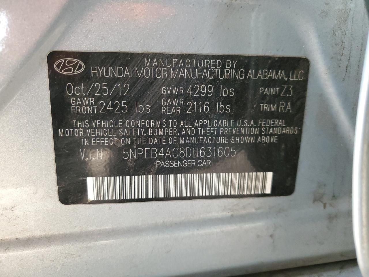 5NPEB4AC8DH631605 2013 Hyundai Sonata Gls