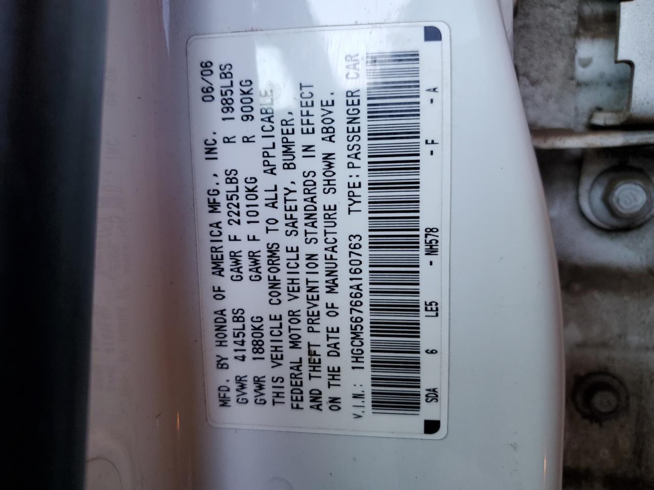 1HGCM56766A160763 2006 Honda Accord Ex