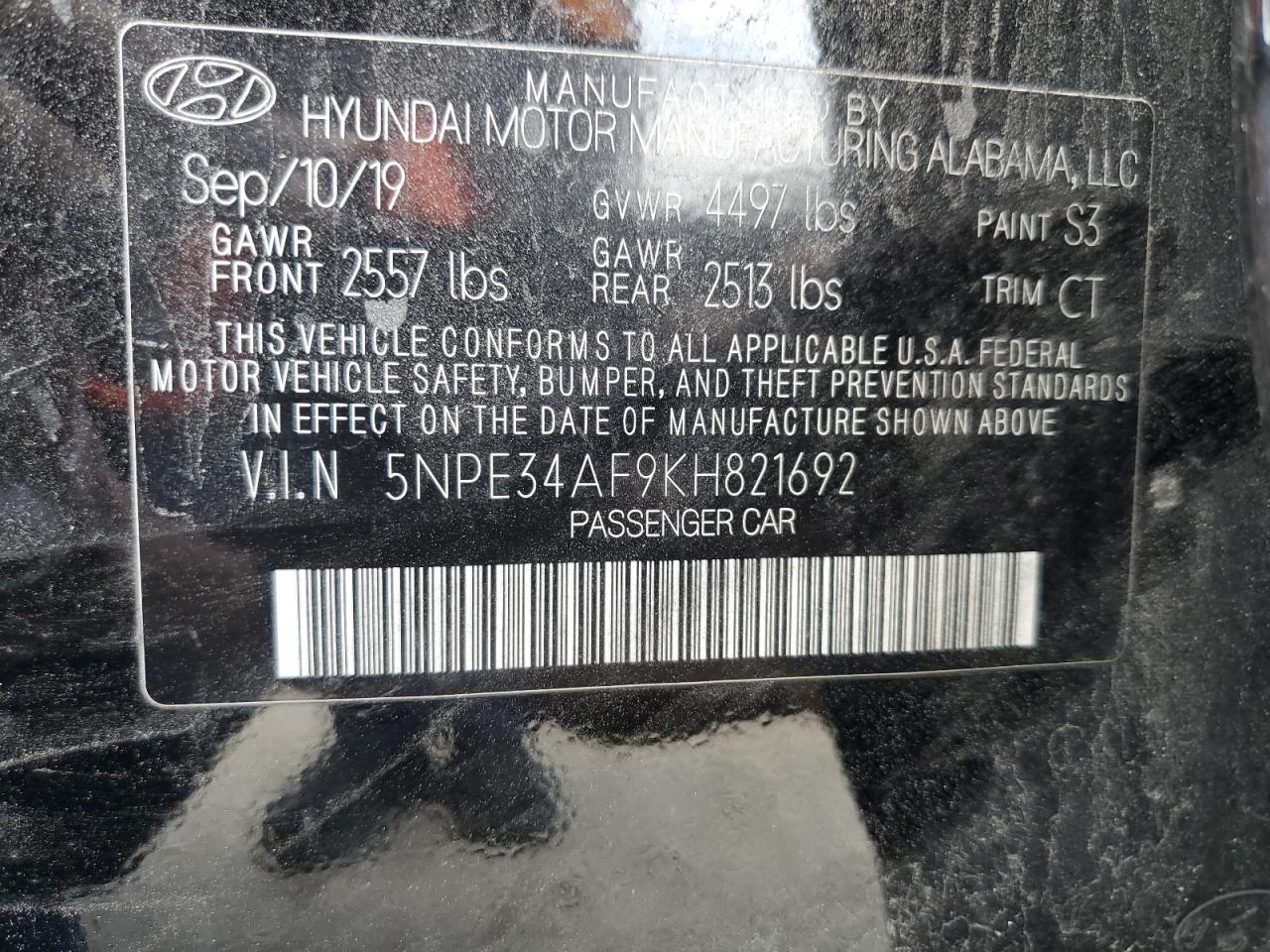 VIN 5NPE34AF9KH821692 2019 HYUNDAI SONATA no.12