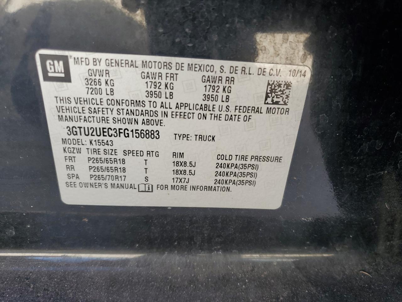 3GTU2UEC3FG156883 2015 GMC Sierra K1500 Sle