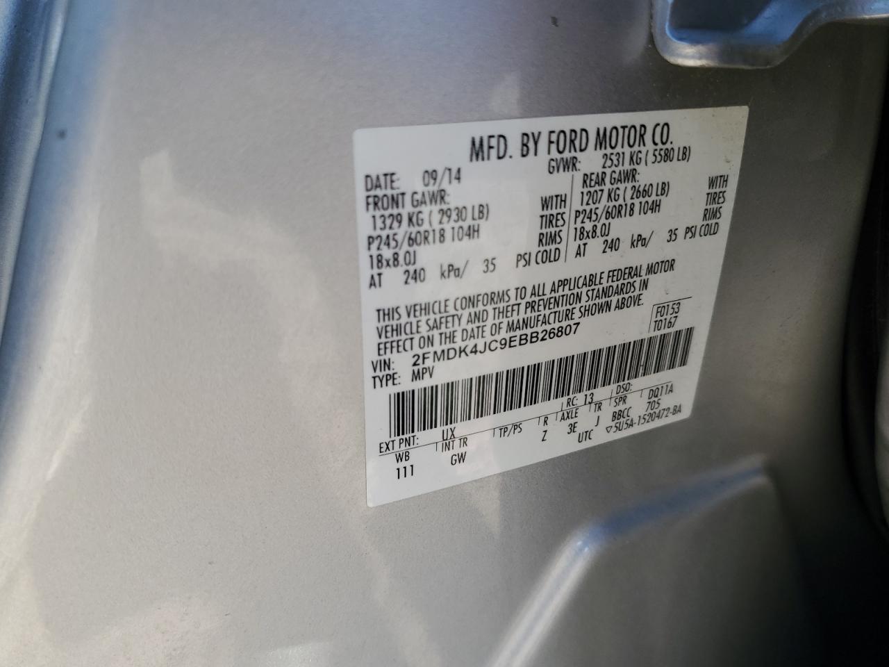 2014 Ford Edge Sel VIN: 2FMDK4JC9EBB26807 Lot: 77629034