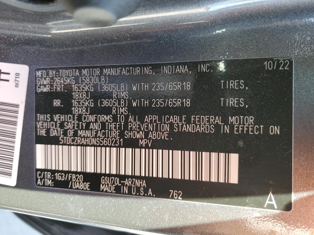 5TDCZRAH0NS560231 2022 Toyota Highlander L