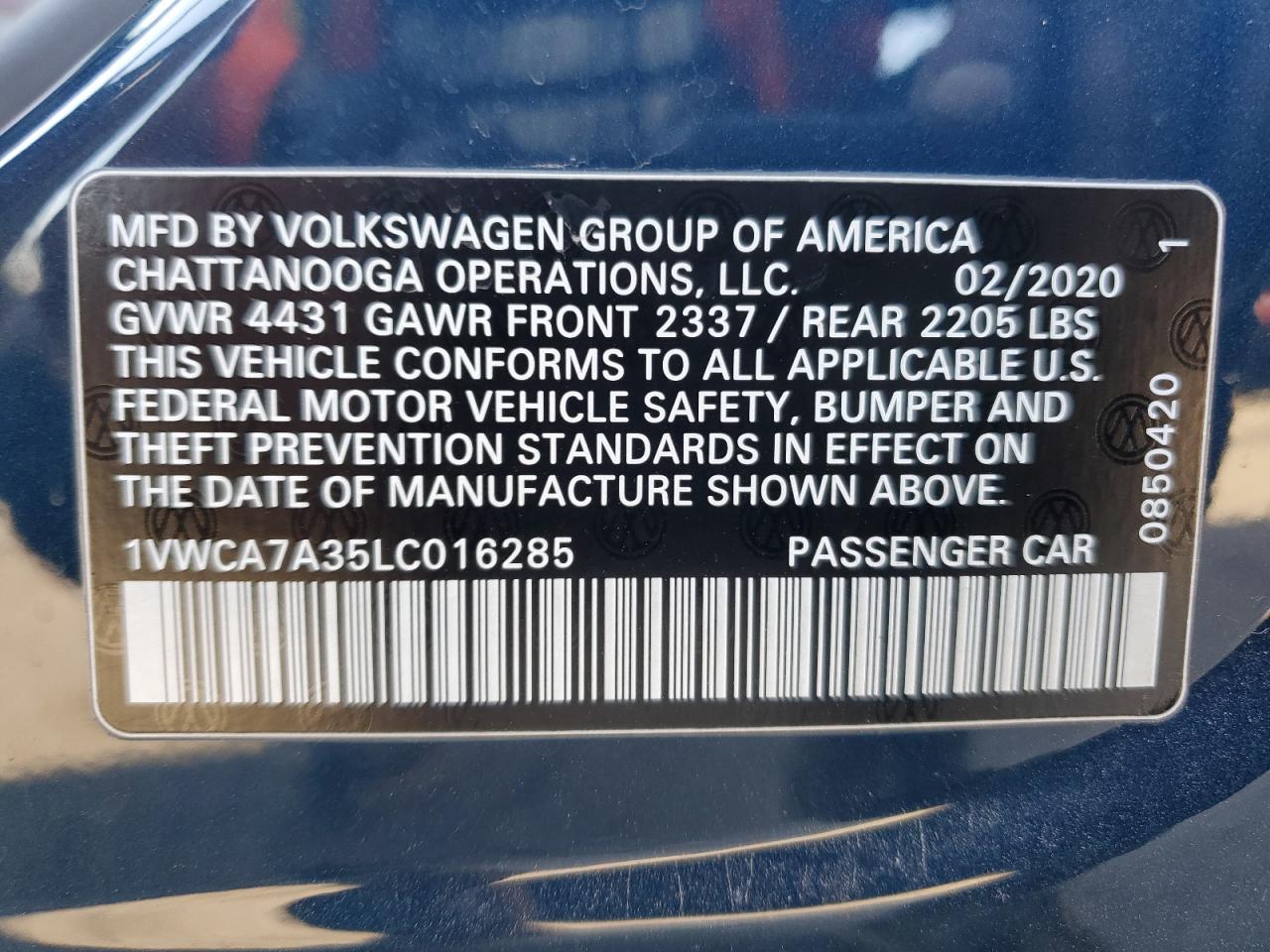 2020 Volkswagen Passat Sel VIN: 1VWCA7A35LC016285 Lot: 77315124