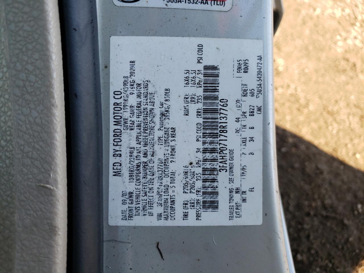 2008 Ford Fusion Se VIN: 3FAHP07178R137760 Lot: 76779364