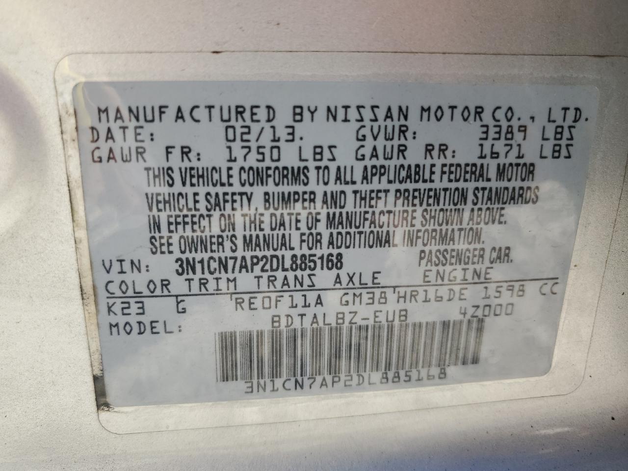 3N1CN7AP2DL885168 2013 Nissan Versa S