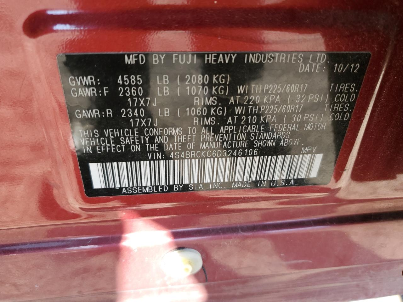 2013 Subaru Outback 2.5I Limited VIN: 4S4BRCKC6D3246106 Lot: 78783274