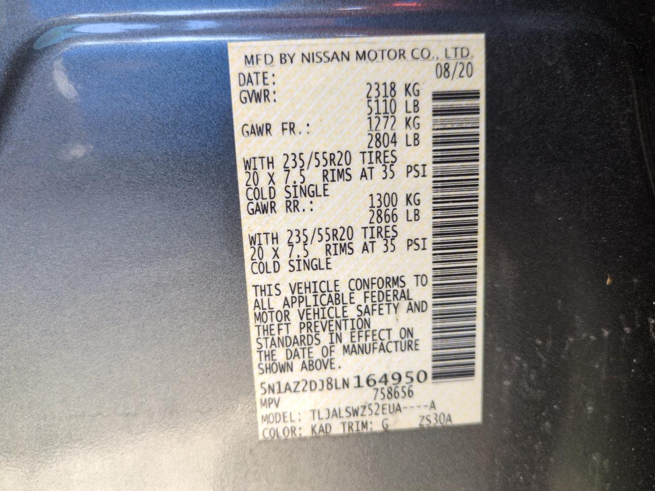 5N1AZ2DJ8LN164950 2020 Nissan Murano Platinum