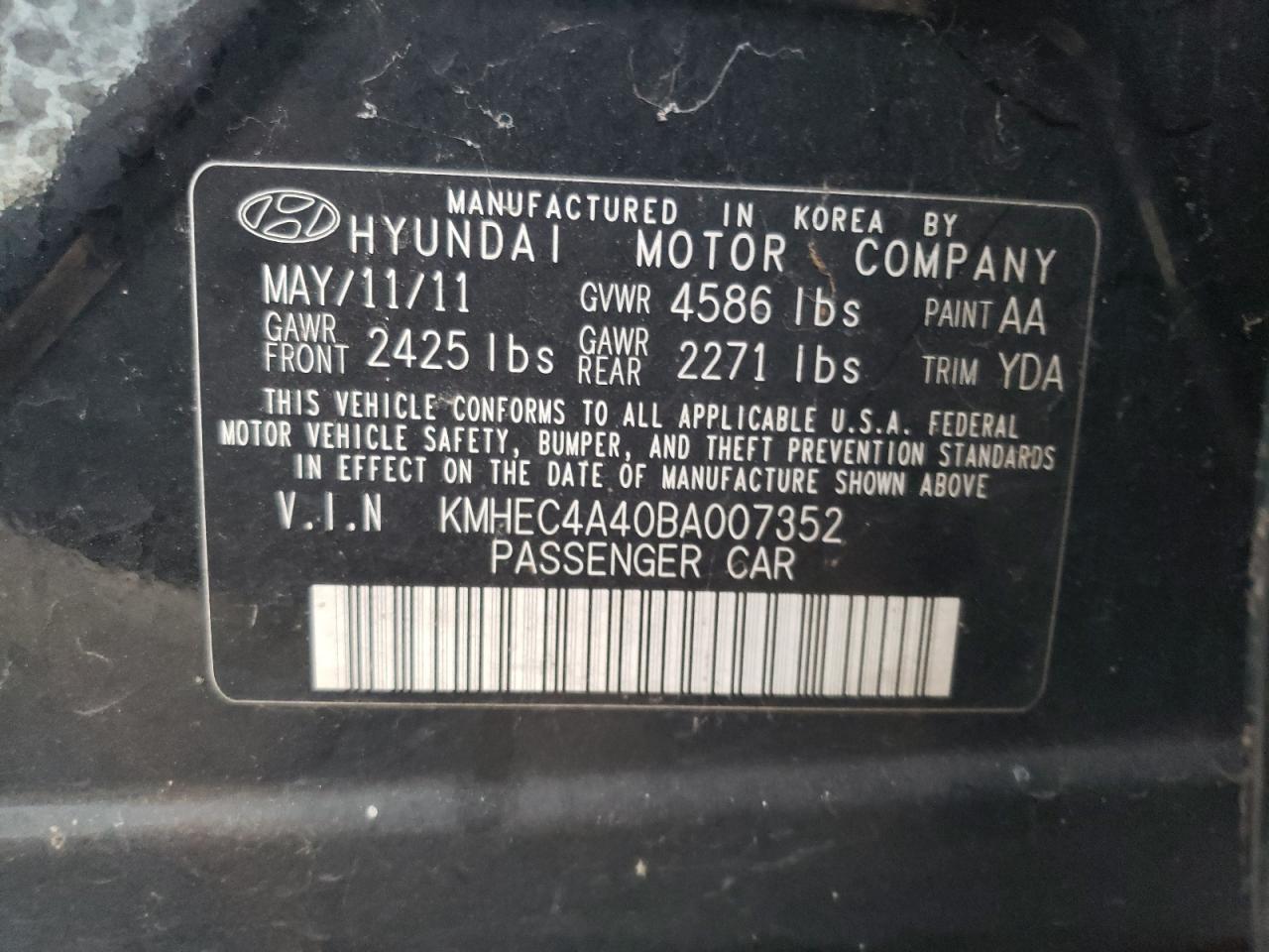 2011 Hyundai Sonata Hybrid VIN: KMHEC4A40BA007352 Lot: 77544734