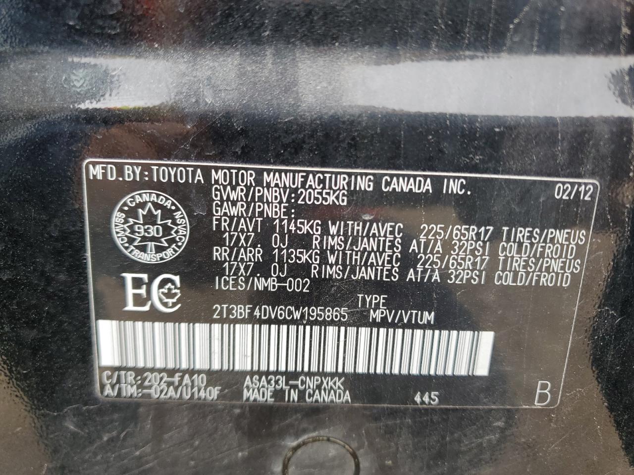 2T3BF4DV6CW195865 2012 Toyota Rav4