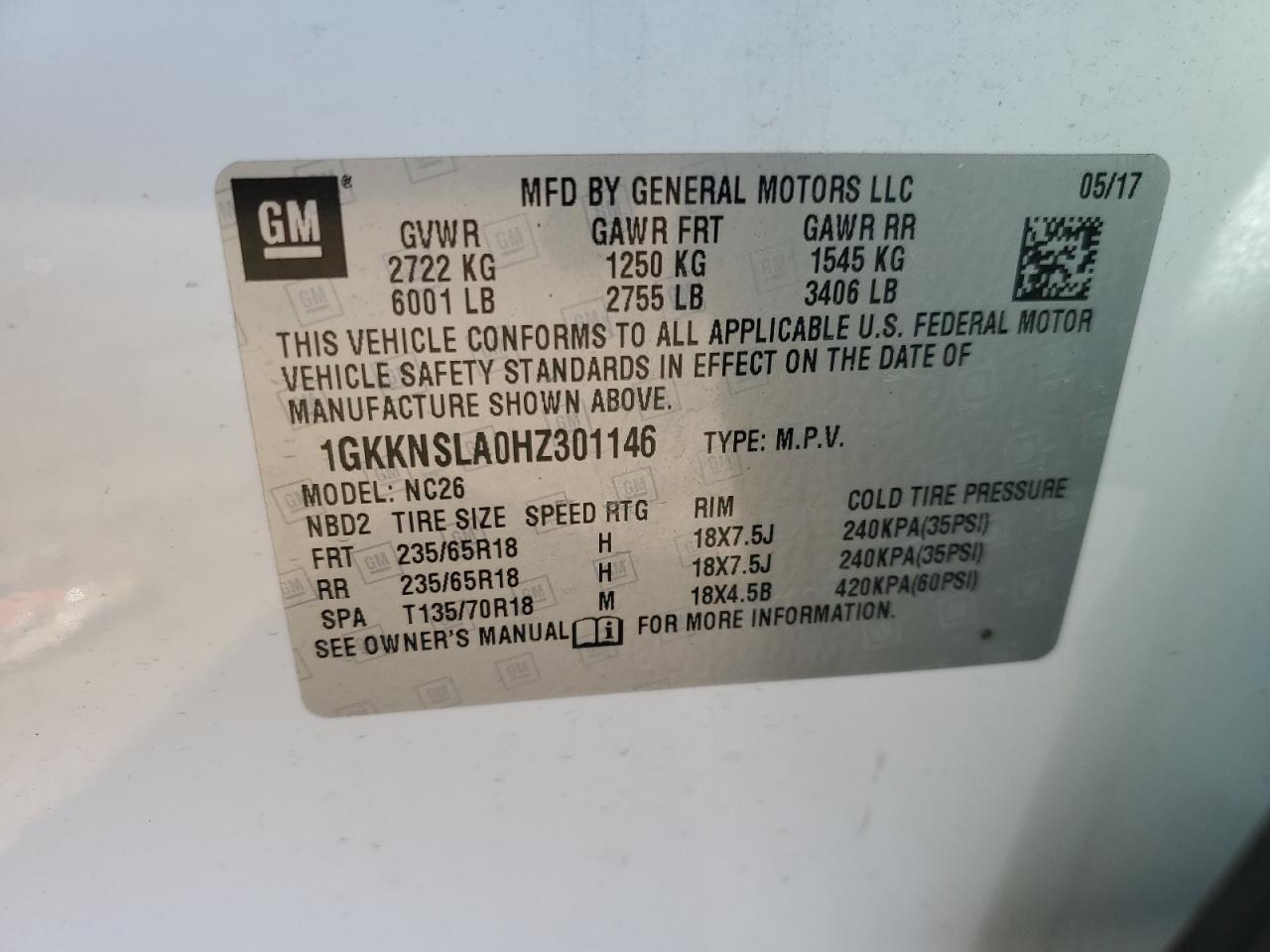 1GKKNSLA0HZ301146 2017 GMC Acadia Sle