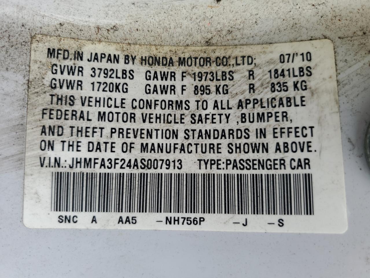 2010 Honda Civic Hybrid VIN: JHMFA3F24AS007913 Lot: 78596364