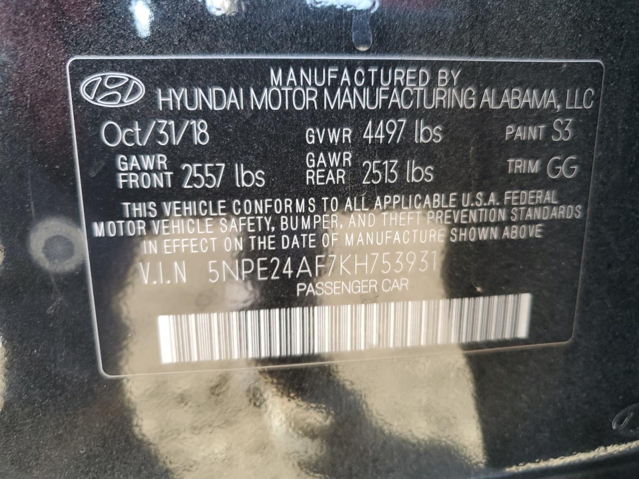 2019 Hyundai Sonata Se VIN: 5NPE24AF7KH753931 Lot: 77272254