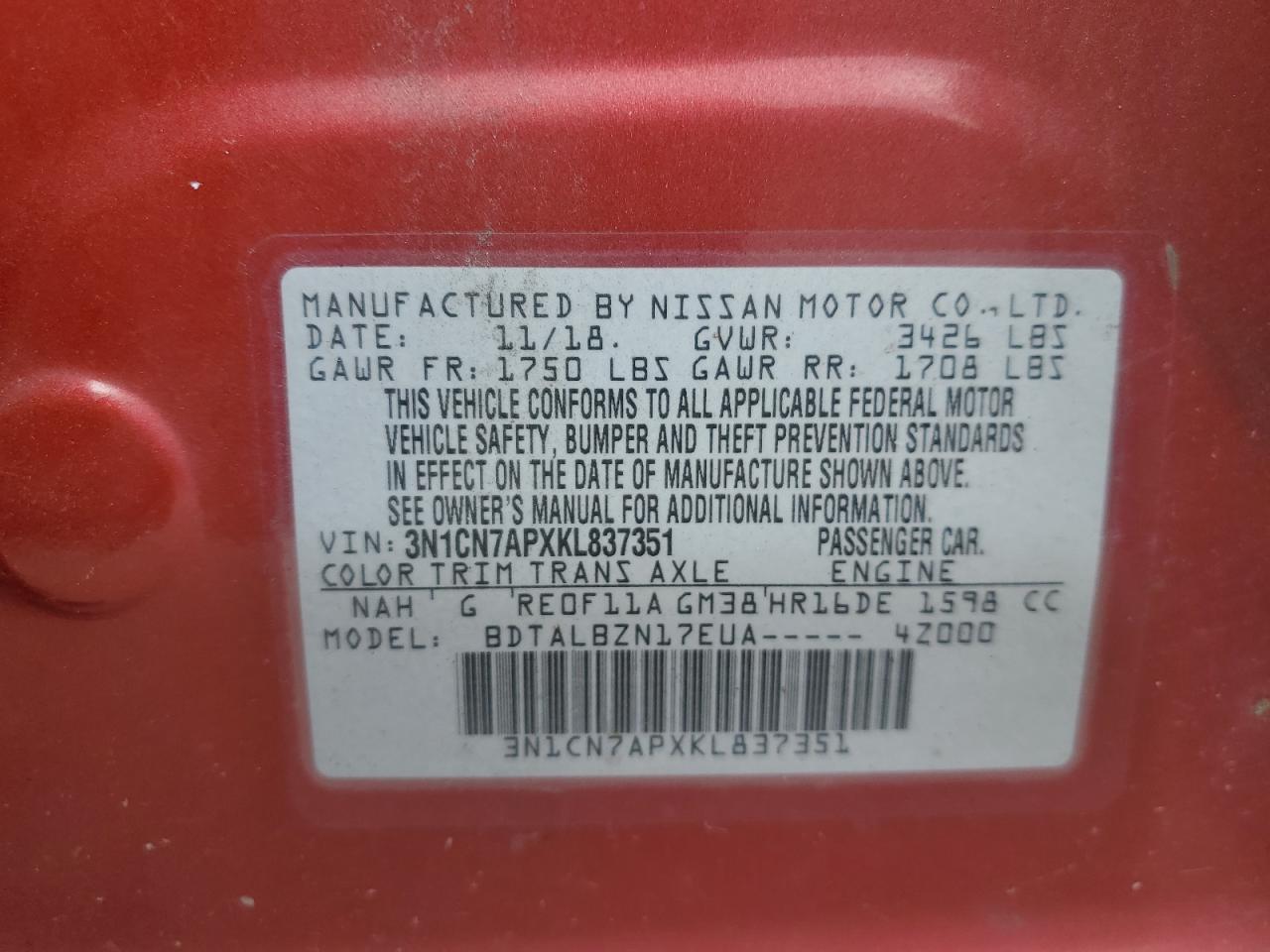 3N1CN7APXKL837351 2019 Nissan Versa S