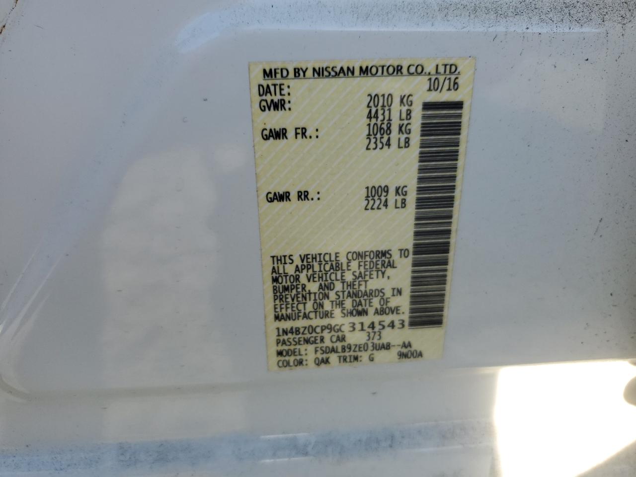 1N4BZ0CP9GC314543 2016 Nissan Leaf Sv