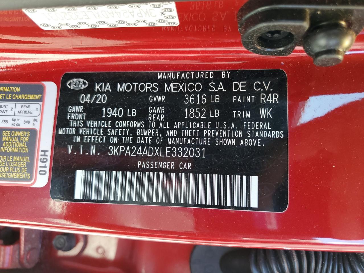 3KPA24ADXLE332031 2020 Kia Rio Lx