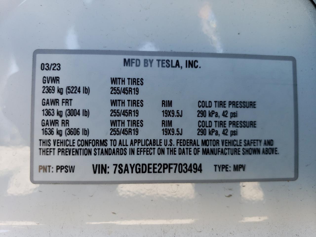 2023 Tesla Model Y VIN: 7SAYGDEE2PF703494 Lot: 74630604