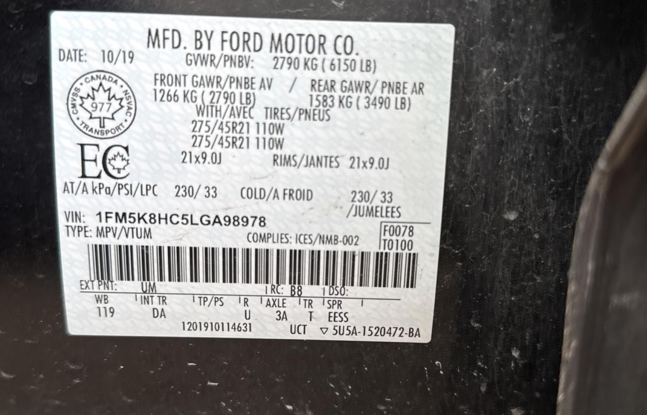 2020 Ford Explorer Platinum VIN: 1FM5K8HC5LGA98978 Lot: 77796694