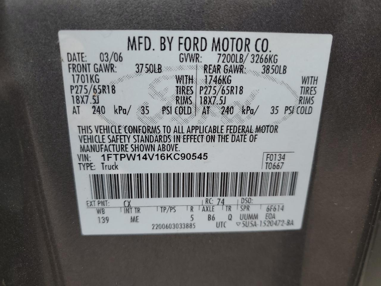 2006 Ford F150 Supercrew VIN: 1FTPW14V16KC90545 Lot: 76823074