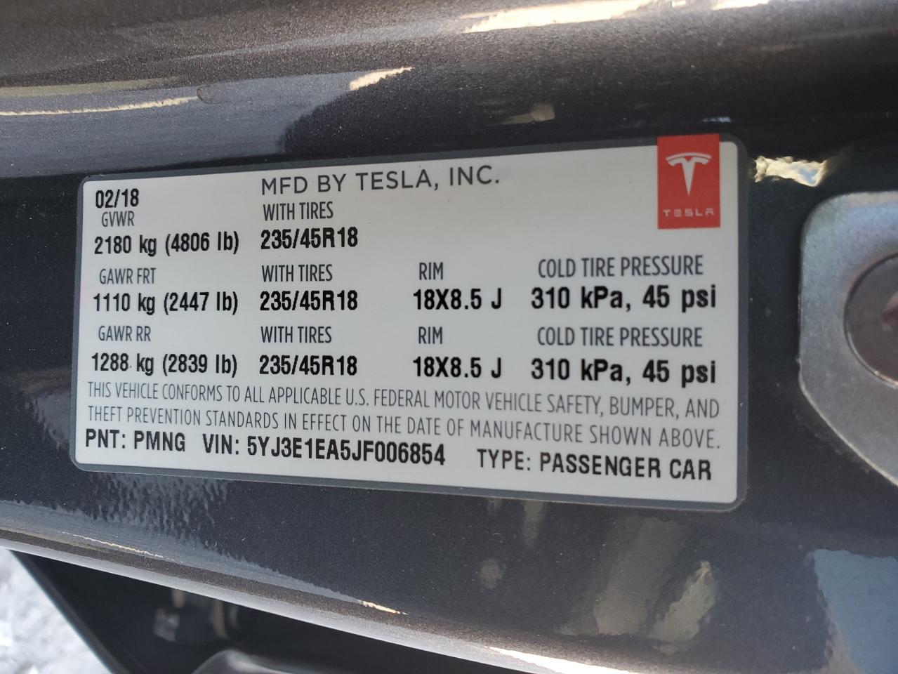 2018 Tesla Model 3 VIN: 5YJ3E1EA5JF006854 Lot: 75618014