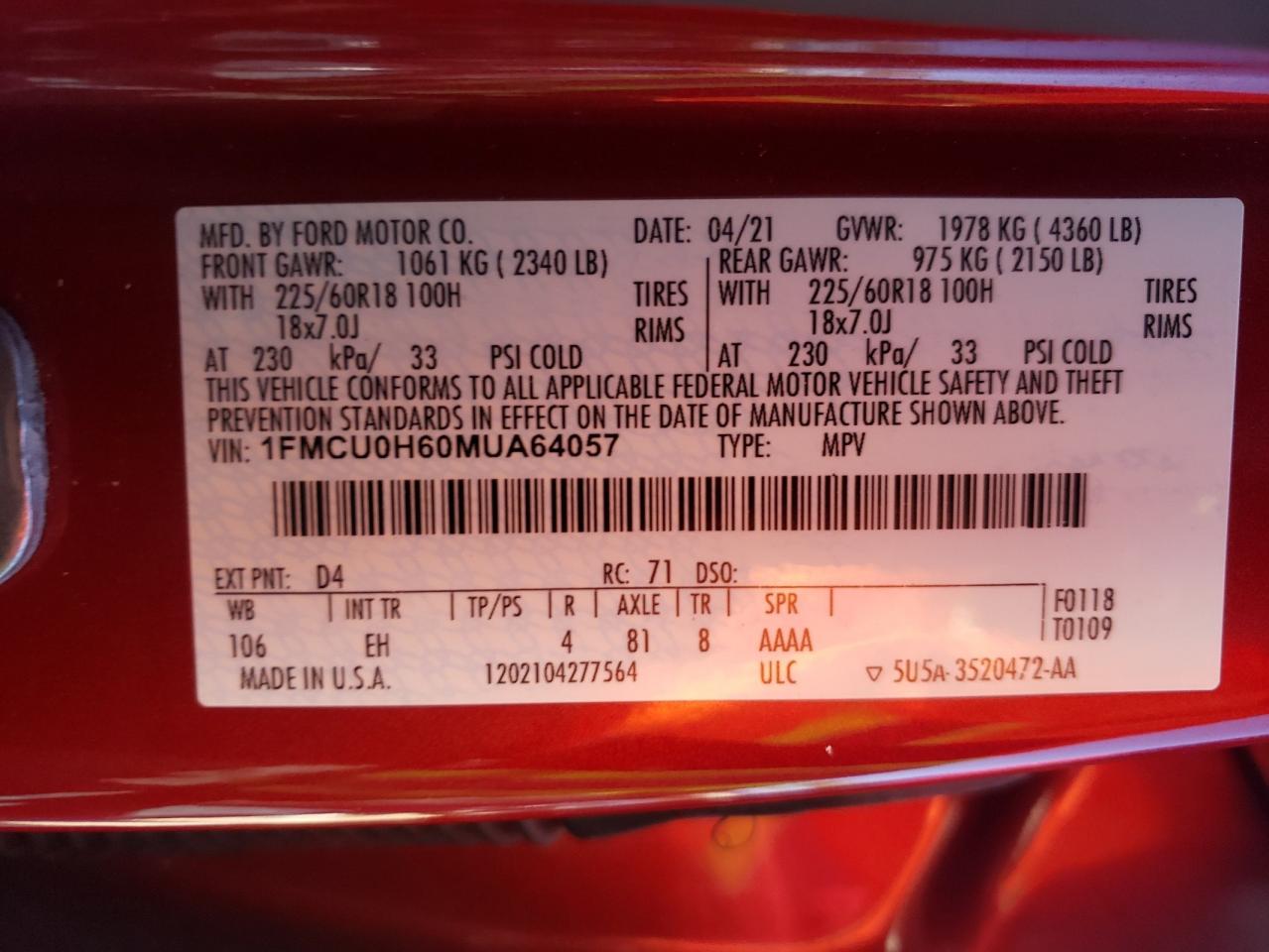 2021 Ford Escape Sel VIN: 1FMCU0H60MUA64057 Lot: 75695204