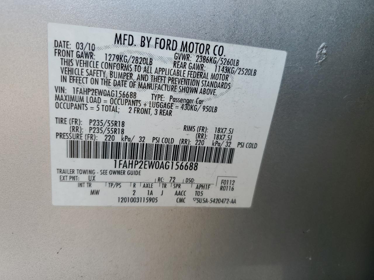 1FAHP2EW0AG156688 2010 Ford Taurus Sel